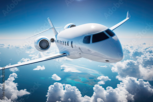 White Luxury generic design private jet flying with white clouds at background. 