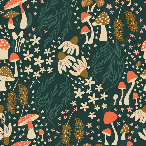 Mushroom and flower seamless pattern with beautiful florals, leaves and buds. Beautiful woodland garden in nature. Colorful vector illustration.