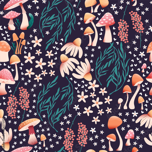 Mushroom and flower seamless pattern with beautiful florals, leaves and buds. Beautiful woodland garden in nature. Colorful vector illustration.