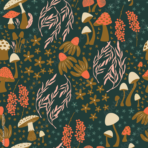Mushroom and flower seamless pattern with beautiful florals, leaves and buds. Beautiful woodland garden in nature. Colorful vector illustration.