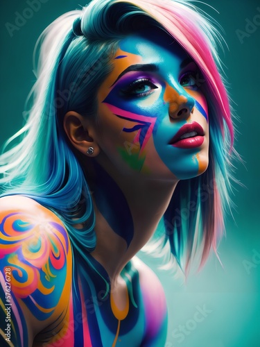 Woman with blue hair and tattoos on her chest, beautiful fantasy portrait, body painting. Generative AI photo