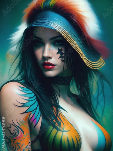 Woman with blue hair and tattoos on her chest, beautiful fantasy portrait, body painting. Generative AI photo