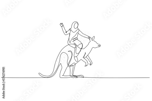 muslim woman riding kangaroo with suicase metaphor of manager with courage and brave