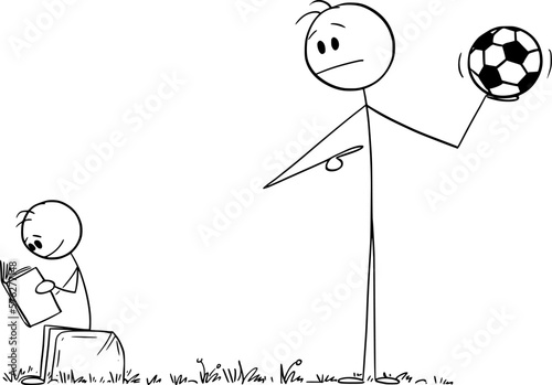 Child or Boy Reading Book, Don't Want to Play , Vector Cartoon Stick Figure Illustration