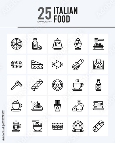 25 Italian Food Outline icons Pack vector illustration.