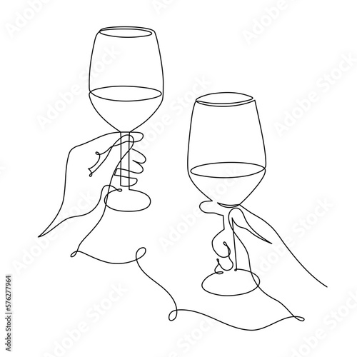 Hands hold wine clinking glasses one line art,continuous drawing contour.Cheers toast festive hand drawn decoration for holidays,romantic Valentine's Day design.Editable stroke. Isolated.Vector