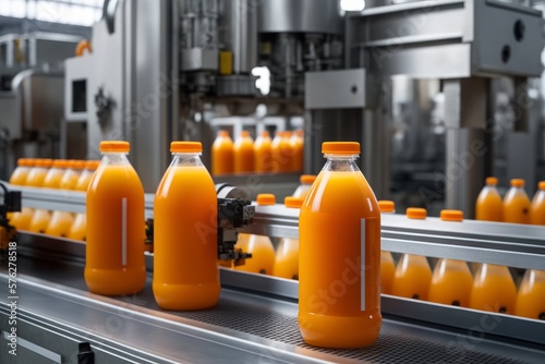 Drink factory production line fruit juice beverage product at conveyor belt, AI generated