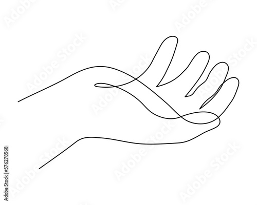 Hand one-line art, hand drawn continuous contour. Palm with fingers gesturing, drawing single line style, minimalist design. Editable stroke. Isolated. Vector illustration