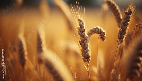 Golden hued wheat field in the season. Close up with a shallow depth of field and bokeh that is abstract. The context of a nutrition idea. AI generated