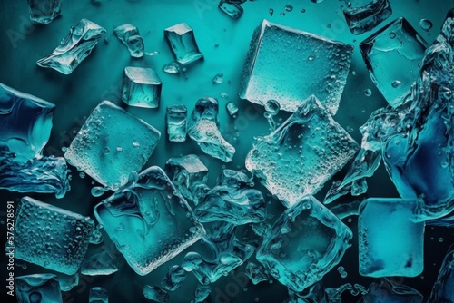 Background texture with cracked blue ice glass fragments. frozen water up close. AI generated