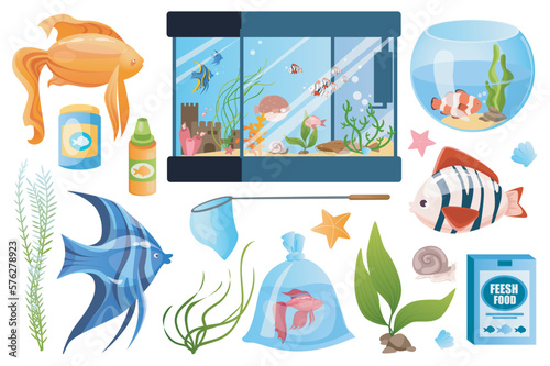 Aquarium set graphic elements in flat design. Bundle of exotic or tropical fishes, differents fishbowls, net, algae plant, snail, fish food and other accessories. Vector illustration isolated objects