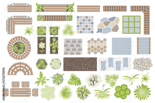 Architectural elements set graphic elements in flat design. Bundle of pathways, tiles, plants, table, chairs, benches and other in top view for garden yard map. Vector illustration isolated objects