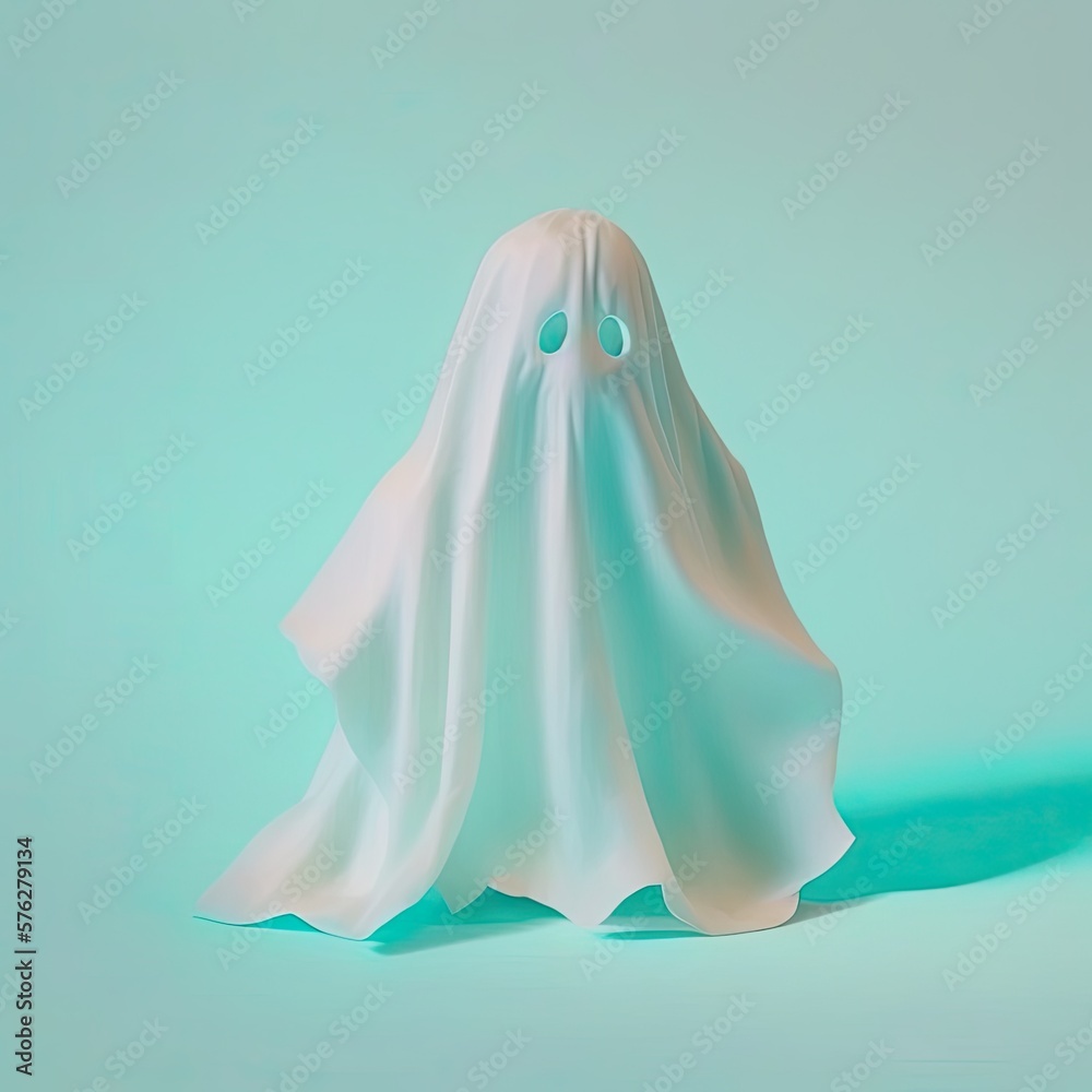 Ilustration of a ghost, phantom silhouette isolated on blue background. Halloween spooky monster flying in night. Generative AI