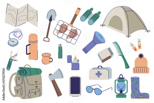 Camping set graphic elements in flat design. Bundle of map, shovel, grilled meat, binoculars, tent, compass, thermos, mug, lighter, flashlight, matches and other. Vector illustration isolated objects