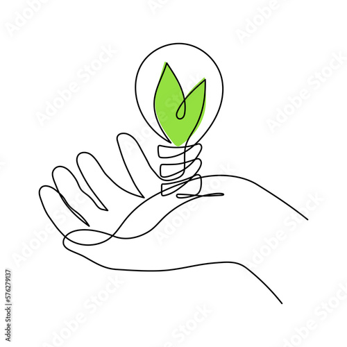 Hand holds light bulb with leafs,one line art,hand drawn continuous contour.Green energy idea concept.Sign of environmental friendliness.Decoration for banners, posters.Editable stroke.Isolated