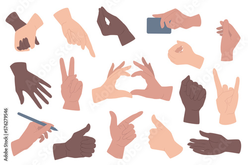 Hands gestures set graphic elements in flat design. Bundle of caucasian and african american hands holding, pointing, showing heart, like, rock and other gestures. Vector illustration isolated objects