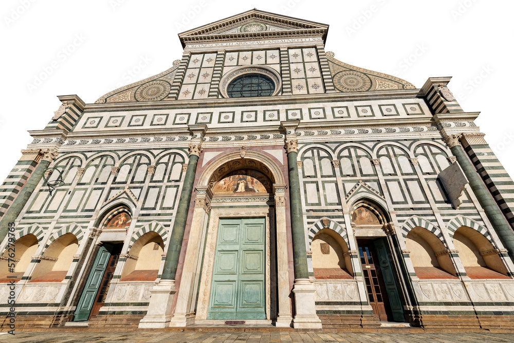 Florence (Firenze), the main facade of the famous Basilica of Santa Maria Novella, in Gothic-Renaissance style, isolated on white or transparent background. UNESCO world heritage site, Tuscany, Italy.