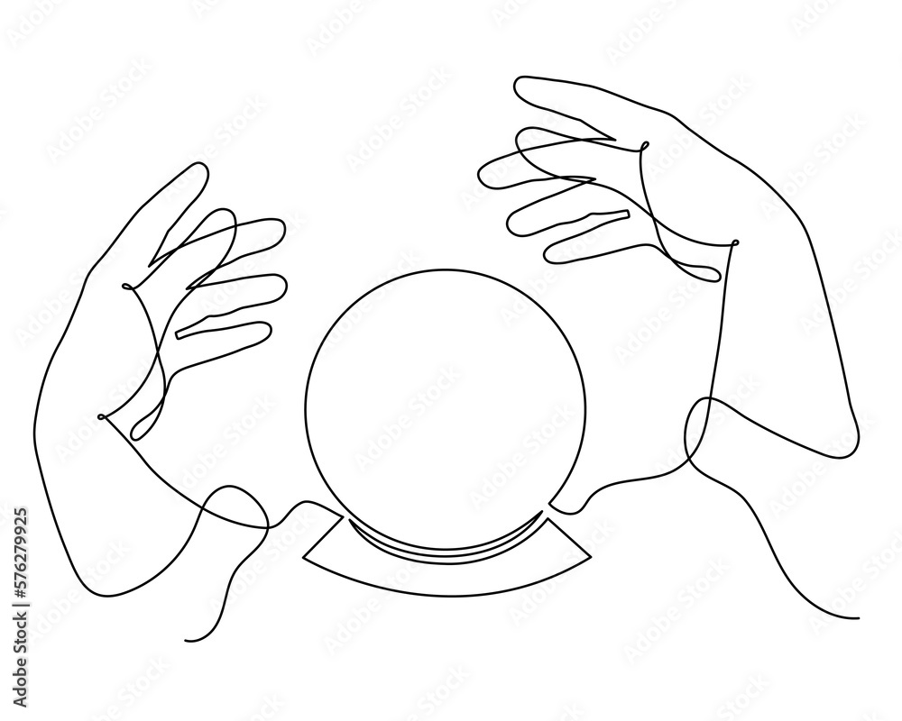 Hands hold divination crystal ball one line art, hand drawn magic ...