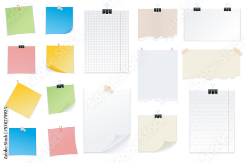 Note papers set graphic elements in flat design. Bundle of different types of notebook sheets, torn pieces of paper, colored stickers with tapes, pins or clips. Vector illustration isolated objects
