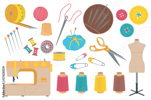 Sewing tools set graphic elements in flat design. Bundle of measuring tape, sew machine, thread, thimble, needle, buttons, pins, scissors, mannequin and other. Vector illustration isolated objects