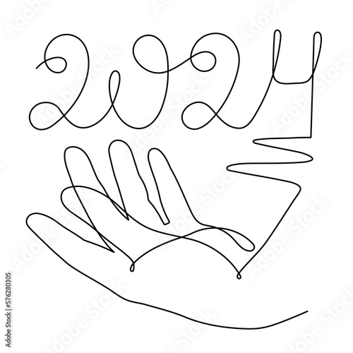 Hand holds 2024 one line art, hand drawn continuous contour. Holiday concept, festive New year handwriting text, minimalist design. Editable stroke. Isolated. Vector illustration