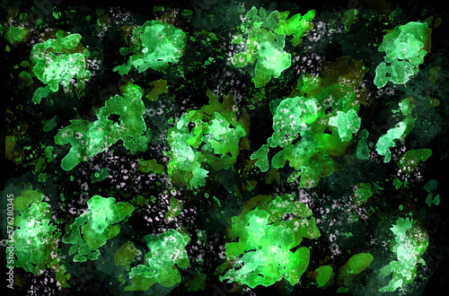Scaly green watercolor stains and splatters layered on a black background. Abstract watercolor texture. Illustration.