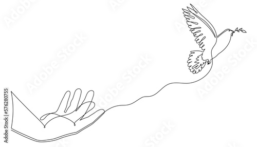 Hand with dove of peace and olive branch, one line art continuous contour. Hand drawn palm with pigeon,doodle hope bird sign of freedom and independence.Editable stroke.Isolated.Vector illustration