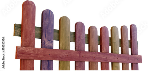 Colorful Wooden fence isolated on a transparent PNG background perspective view. 