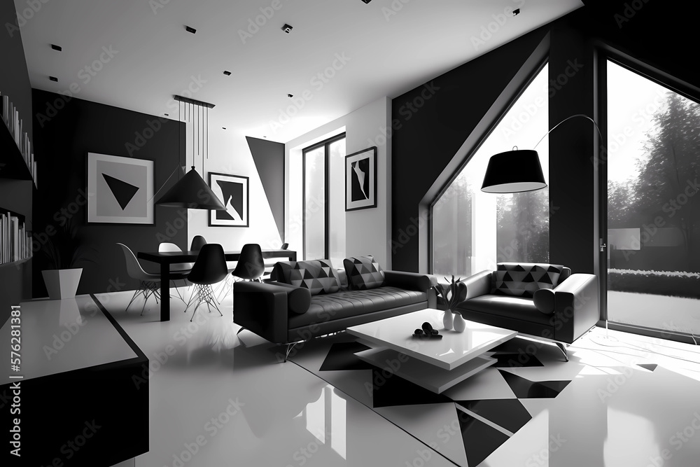 A sleek living room with a black and white color scheme, featuring