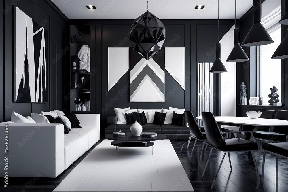 A sleek living room with a black and white color scheme, featuring
