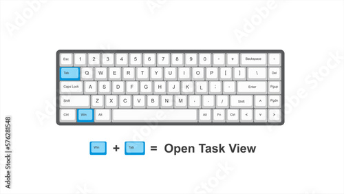 vector control win + Tab = Open Task View - keyboard shortcuts - windows with keyboard white and blue illustration and transparent background isolated Hotkeys