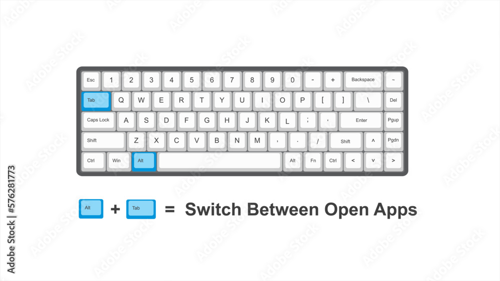 vector control Alt + Tab =  Switch Between Open Apps - keyboard shortcuts  - windows with keyboard white and blue illustration and transparent background isolated Hotkeys - obrazy, fototapety, plakaty 