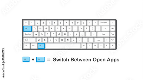 vector control Alt + Tab =  Switch Between Open Apps - keyboard shortcuts  - windows with keyboard white and blue illustration and transparent background isolated Hotkeys