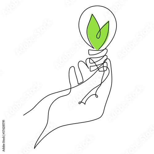 Hand holds light bulb with leafs,one line art,hand drawn continuous contour.Green energy idea concept.Sign of environmental friendliness.Decoration for banners, posters.Editable stroke.Isolated