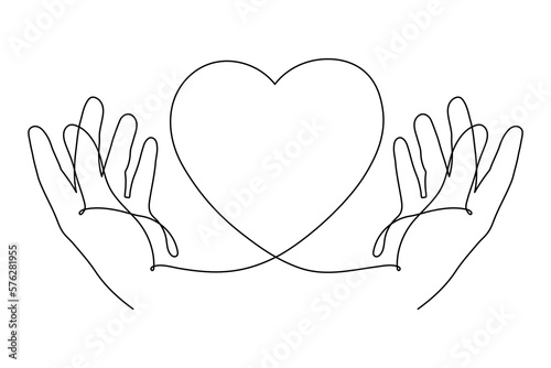 Hands with heart one line art,love concept continuous contour drawing,hand-drawn Valentine's day decoration.Romance, engagement and marriage symbol. Editable stroke.Isolated.Vector illustration