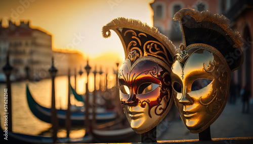 Obraz na plátně Two venetian carnival masks on background on Venice