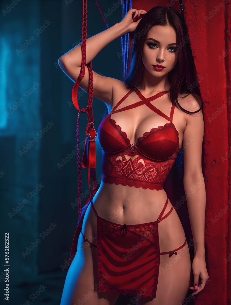 Erotic black woman in red lingerie posing. Generative AI Stock Illustration