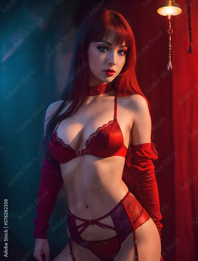 Sexy in red lingerie posing for a photo. BDSM, Generative AI Stock Illustration | Adobe Stock