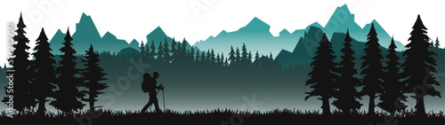 Silhouette of hiker mountains forest woods in the morning, landscape panorama illustration icon vector for logo, isolated on white background, hiking adventure wildlife