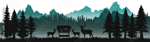 Silhouette of wild animals, deer and roe deer at feeding station in the forest with fir and spruce trees landscape panorama illustration icon vector for logo, isolated on white background