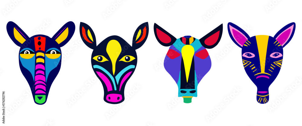 Set of animal head face in totem mask style. Abstract carton character horse or cow. Vector Set of animal head face in totem mask style. Abstract carton character horse or cow. Vector