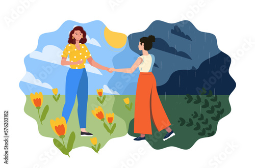 Woman aids person gets rid of depression, anxiety and stress. Friend  supports female and help victim to become free from mental problem, rescue depressed woman. Life improvement. Vector illustration