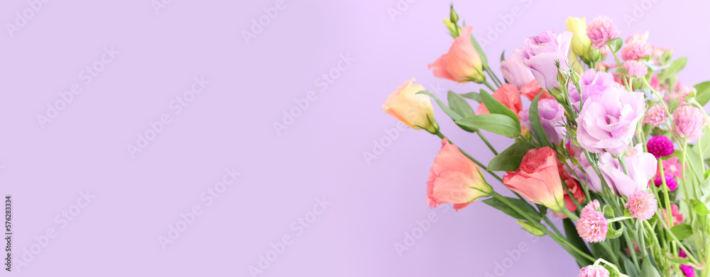 Top view image of pink and purple flowers composition over pastel background - obrazy, fototapety, plakaty 