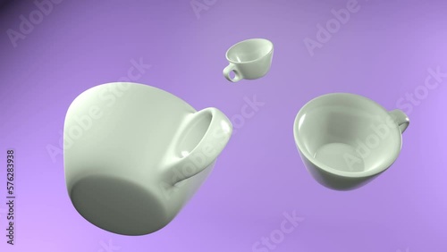 Coffee cups rotate in the air on a beautiful purple background. Infinite rotation of mugs for video loop. Animation and motion design. Beautiful animation of a spinning coffee cup. Quality animation