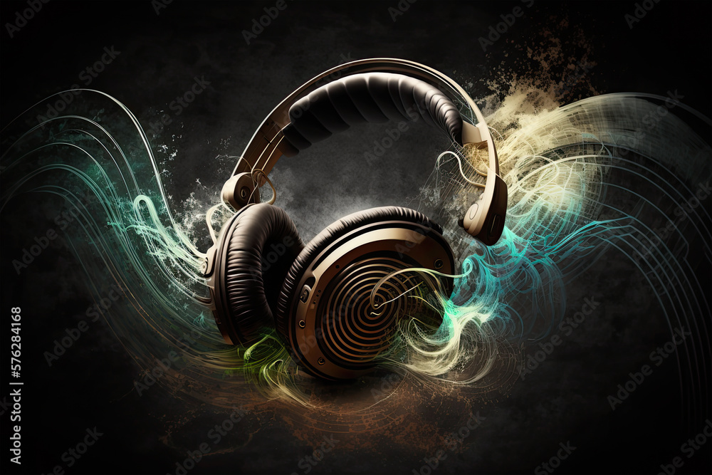 Dj set. Black music headphones and sound waves with glow. Music