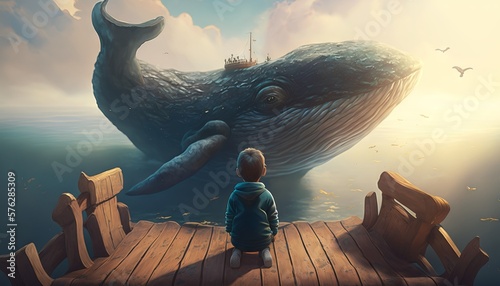 Little boy looking at the whale in the sea. Generative AI photo