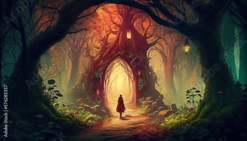 Mysterious dark forest with a girl in a red dress. Generative AI