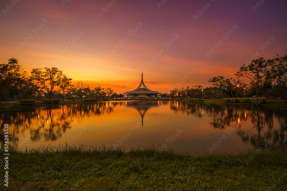 Suan Luang Rama IX is a large public park in Bangkok.  During sunset, people come to exercise and relax.
