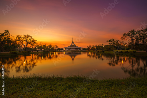 Suan Luang Rama IX is a large public park in Bangkok. During sunset, people come to exercise and relax.