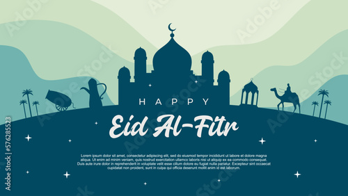 Happy eid al fitr background with big mosque and islamic ornaments.